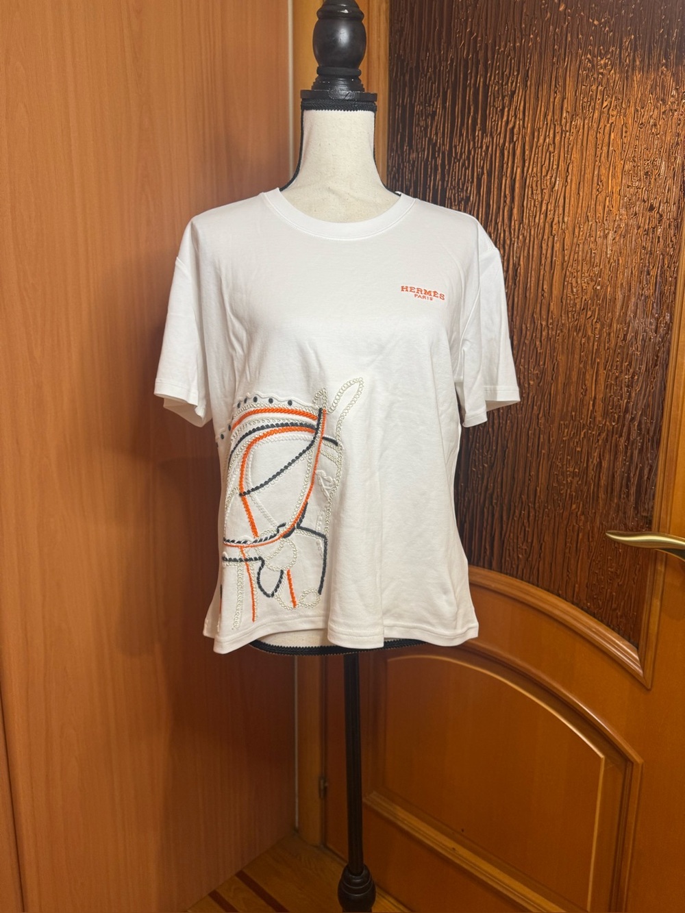 Hermes Black Short Sleeve cotton Tee with Orange & White Embroidery Sz L